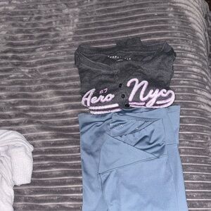 Aeropostale Charcoal Top with Pink Lettering and Blue Pants